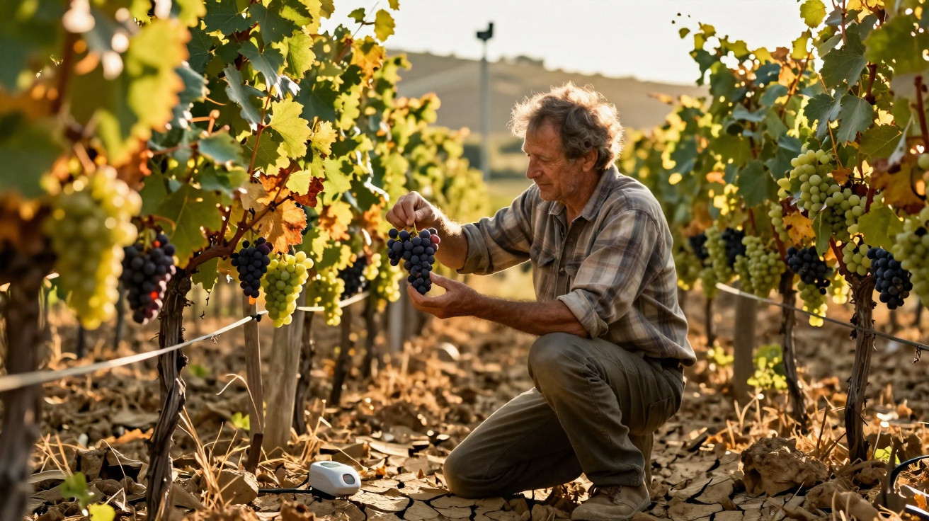 Homem a colher cachos de uvas numa vinha durante o pôr do sol.