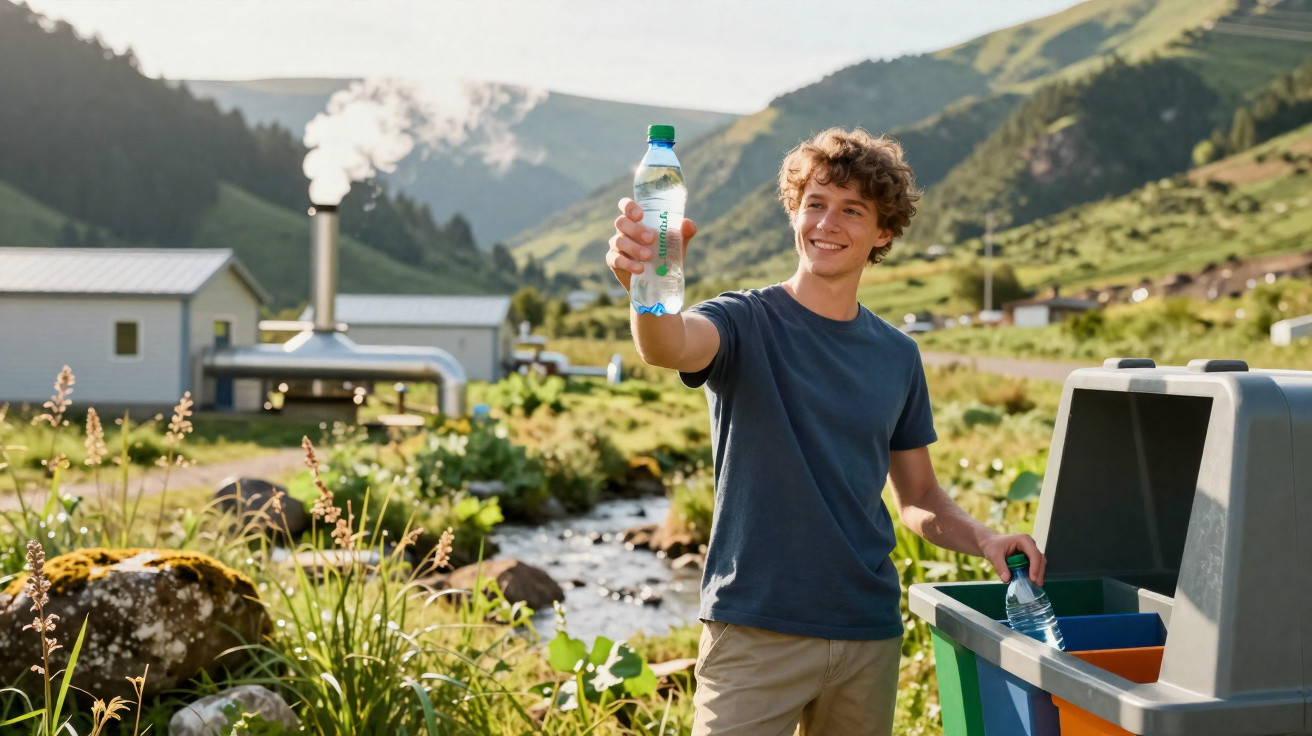 Jovem sorridente a reciclar garrafas de água numa paisagem campestre com montanhas ao fundo.