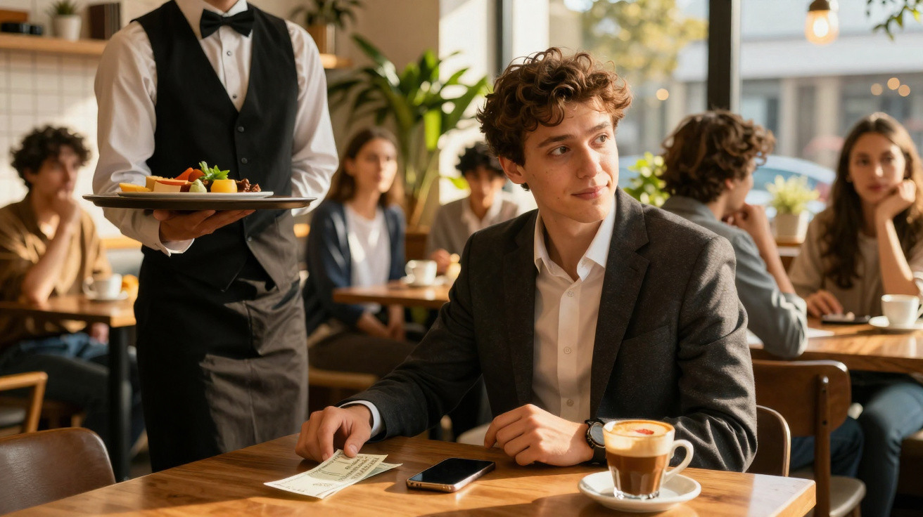 Homem bem vestido a pagar café num café enquanto um empregado serve uma mesa ao lado.