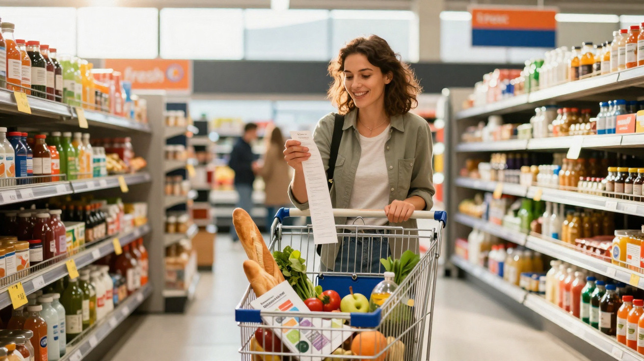 Mulher sorridente a consultar lista de compras num carrinho cheio de alimentos frescos num supermercado.