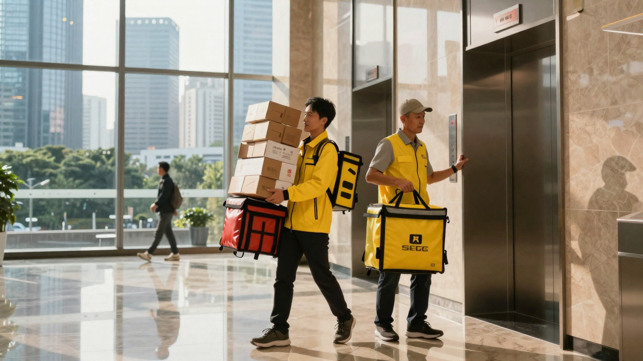 Dois entregadores em coletes amarelos com caixas e mochilas térmicas num átrio moderno com elevador.