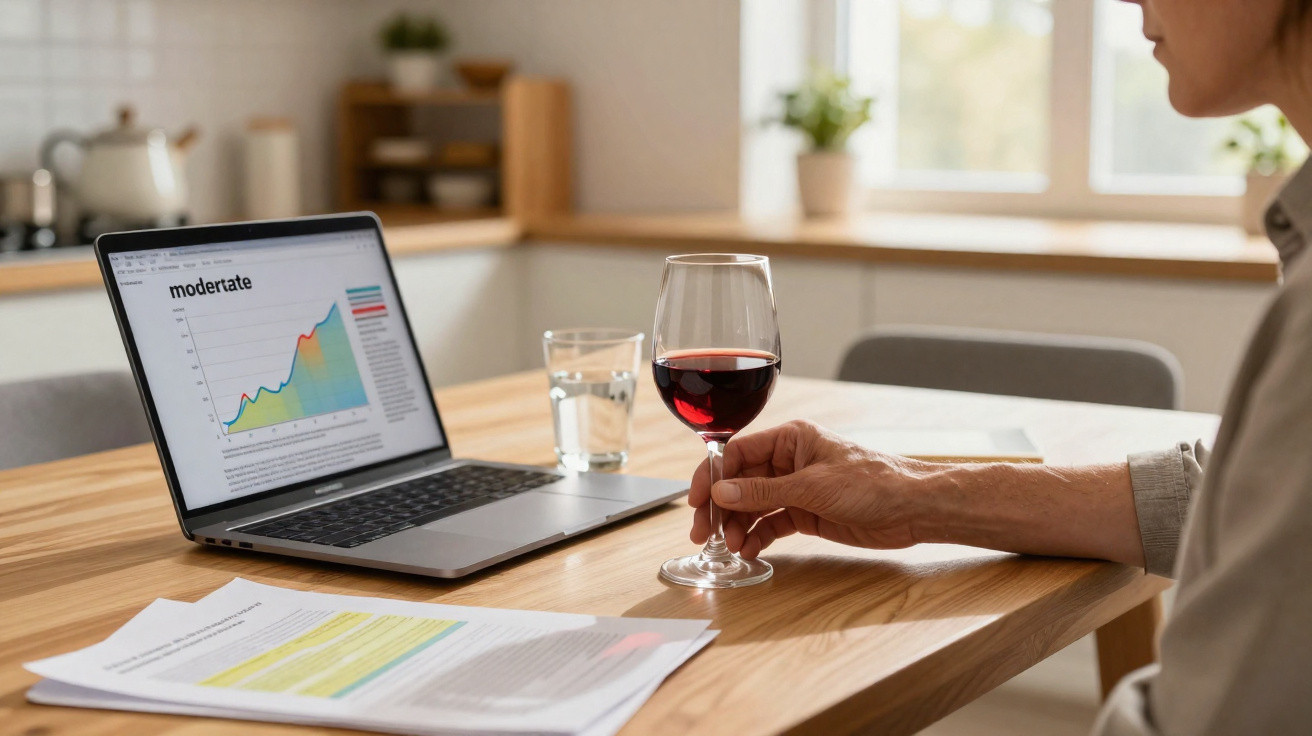 Pessoa segura copo de vinho tinto junto a portátil com gráfico e documentos numa mesa de cozinha.