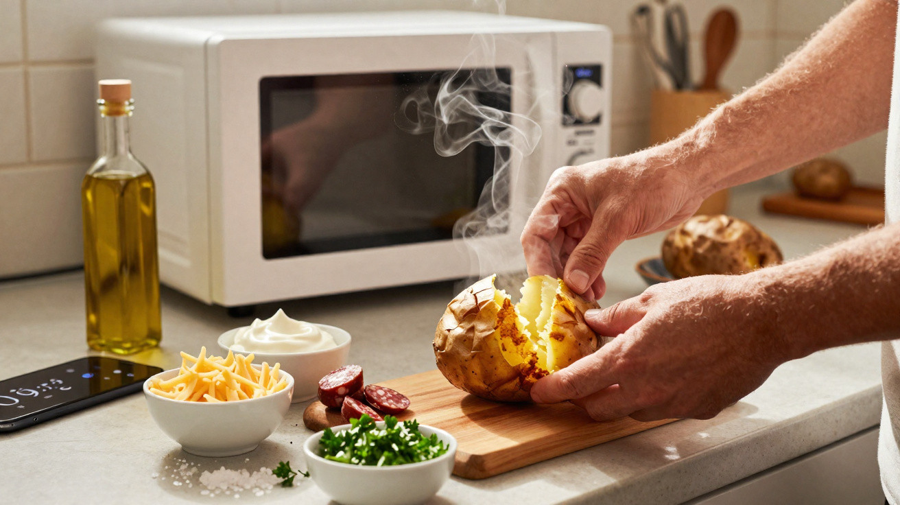 Mãos a abrir uma batata assada fumegante, em bancada com ingredientes de queijo, chouriço e salsa, perto de micro-ondas.