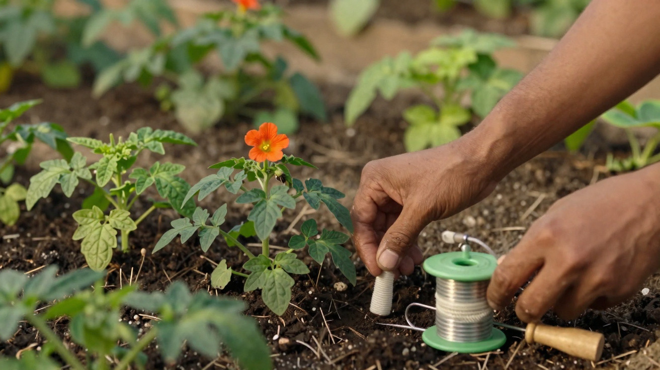 Mãos a enrolar fio metálico perto de planta com flor laranja num canteiro de terra.