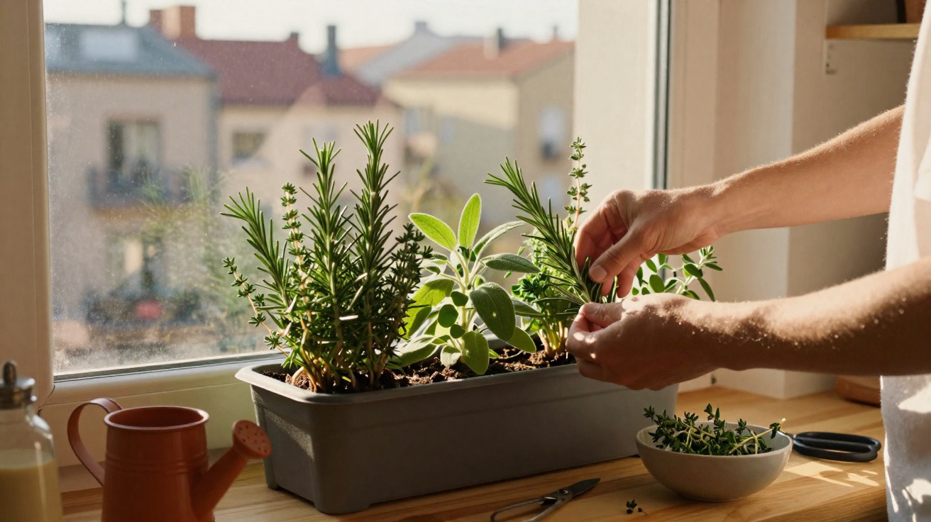 Mãos a cortar ervas aromáticas numa varanda interior com luz natural, jarro vermelho ao lado e tesoura.