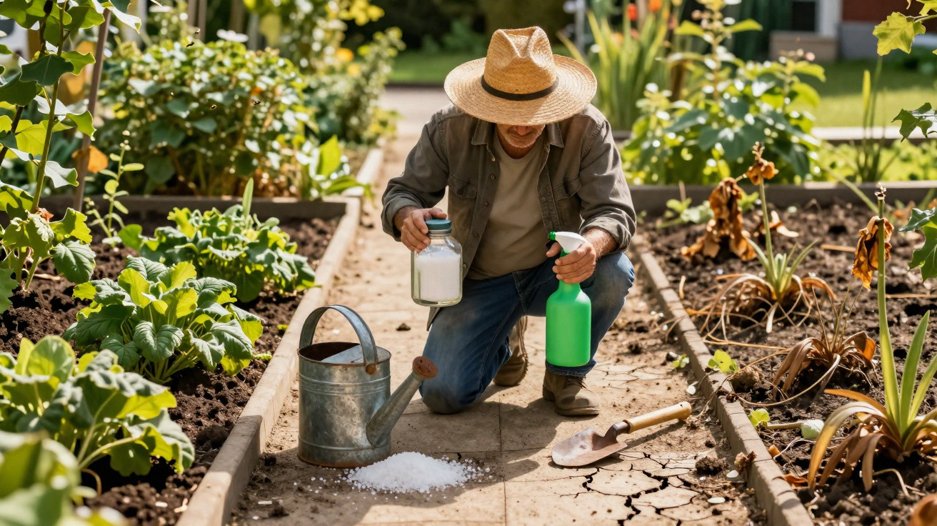 Homem com chapéu a aplicar fertilizante em calçada de horta entre canteiros com plantas verdes e secas.