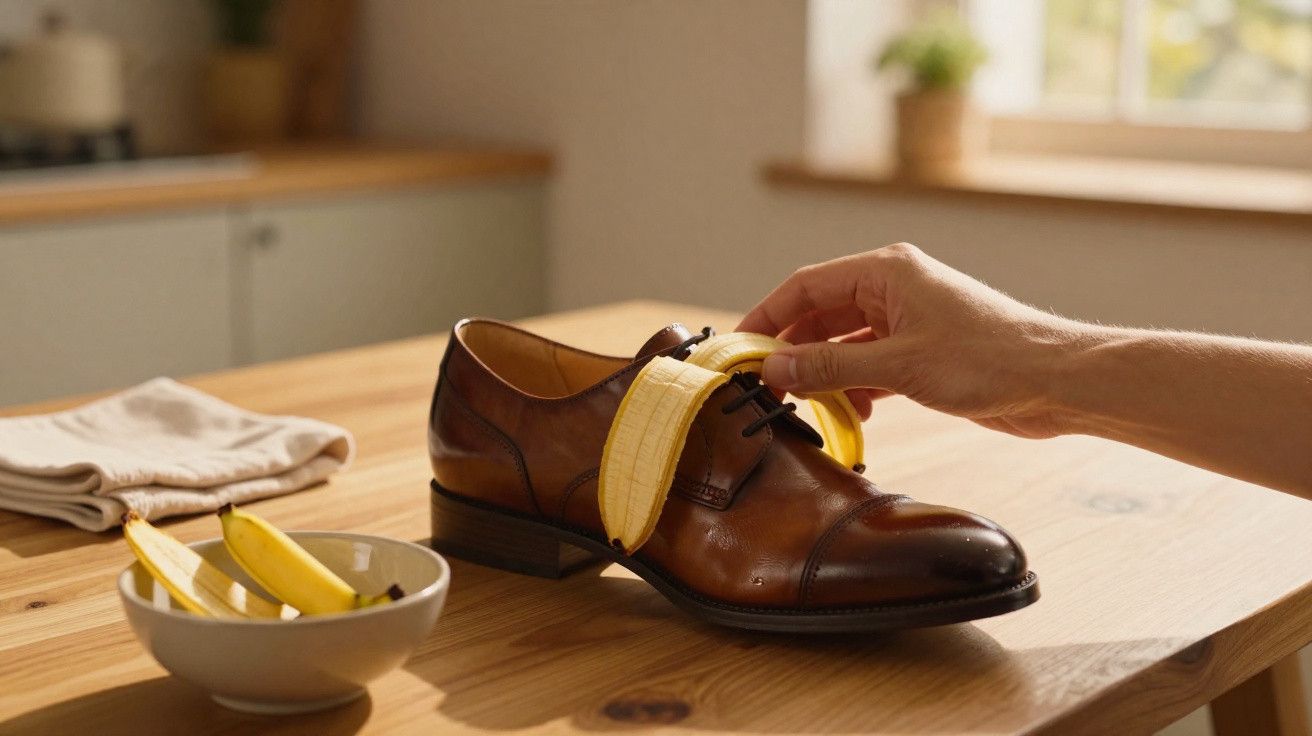 Sapato castanho sobre mesa de madeira com uma mão a colocar uma banana descascada dentro do sapato.