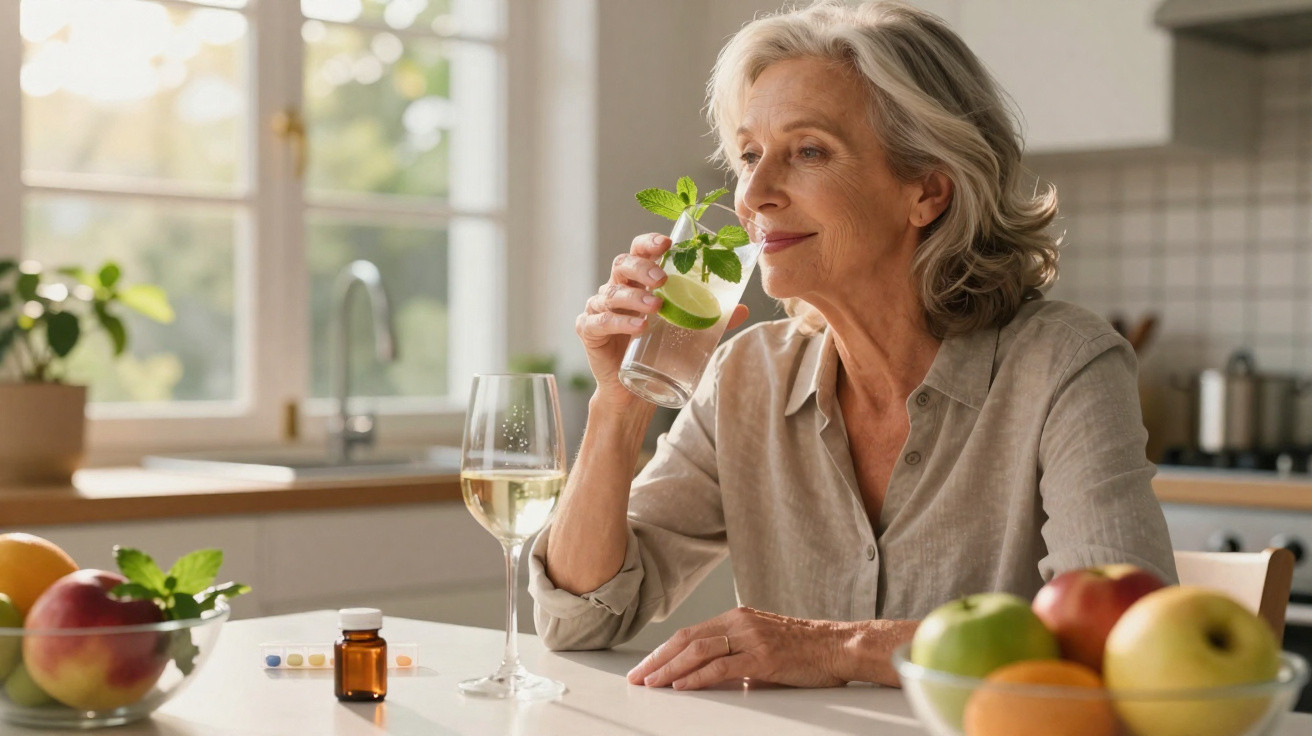 Mulher madura a beber água com limão sentada à mesa da cozinha, rodeada de frutas e medicamentos.