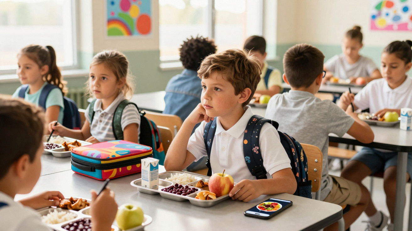 Crianças a almoçar na escola sentadas em mesas com marmitas e lancheiras coloridas numa sala iluminada.