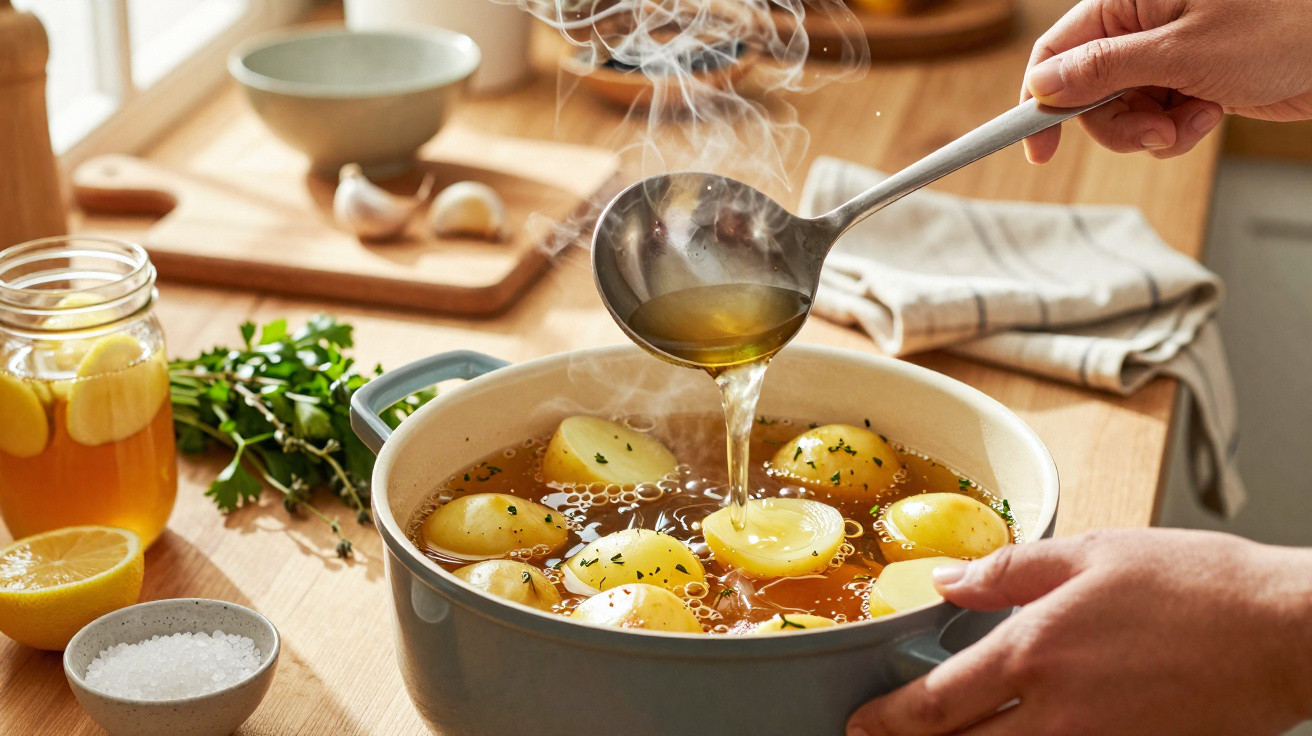 Mãos a servir caldo quente com batatas numa panela cinza numa cozinha iluminada.