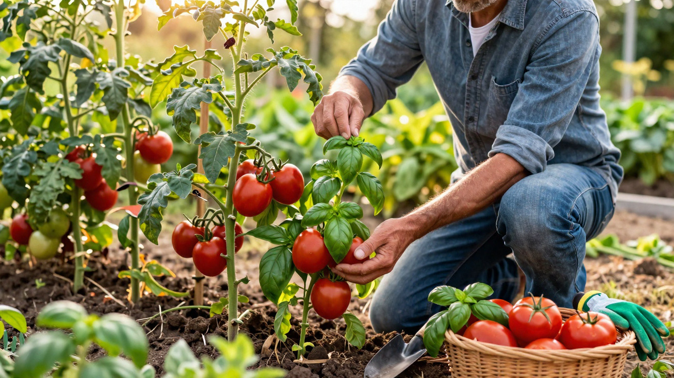Homem a colher tomates maduros numa horta com cesta cheia de tomates ao lado.