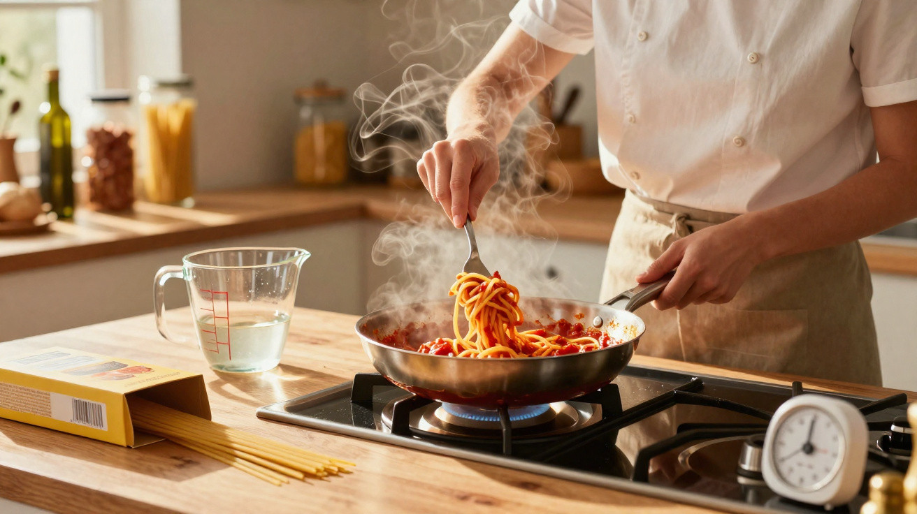 Pessoa a cozinhar esparguete com molho de tomate numa frigideira sobre o fogão a gás.