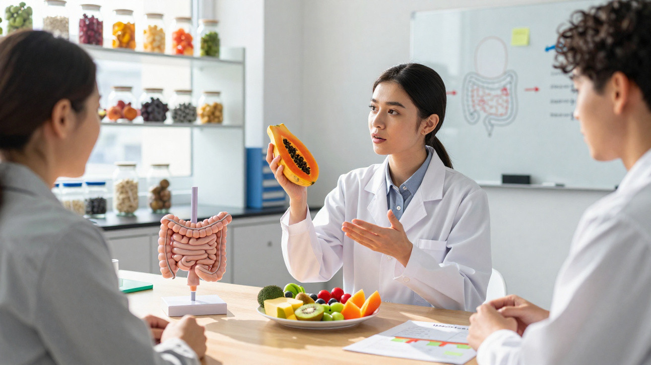 Nutricionista explica benefícios da papaia para a digestão a dois pacientes numa consulta.