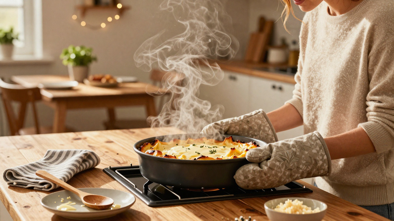 Pessoa a retirar uma travessa fumegante de lasanha do forno numa cozinha acolhedora.