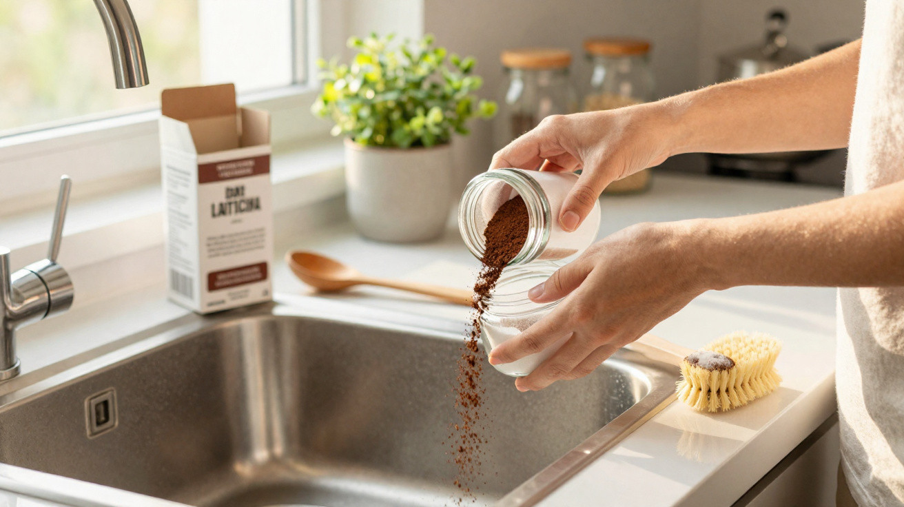 Pessoa a deitar café moído de um frasco para outro junto a lavatório de cozinha moderna.