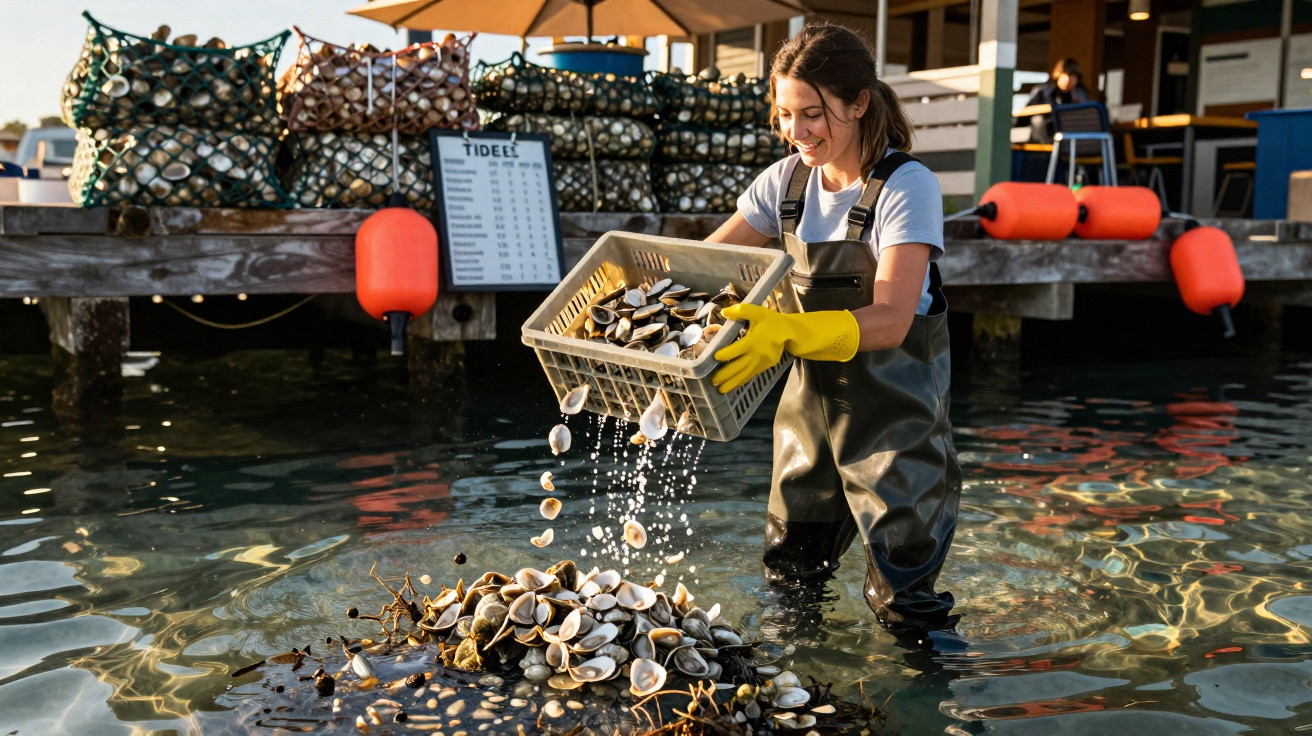 Mulher a recolher amêijoas em água rasa junto a um cais com redes e boias laranjas.