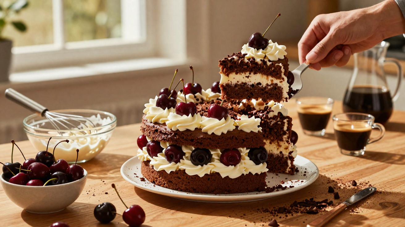 Bolo de chocolate com chantilly e cerejas, fatia a ser servida com café ao fundo.