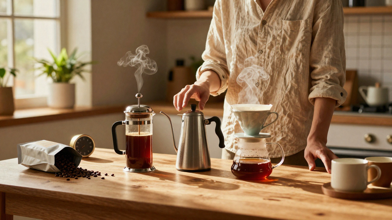 Pessoa numa cozinha a preparar café com prensa francesa, coador e jarra, com vapor a sair das bebidas quentes.