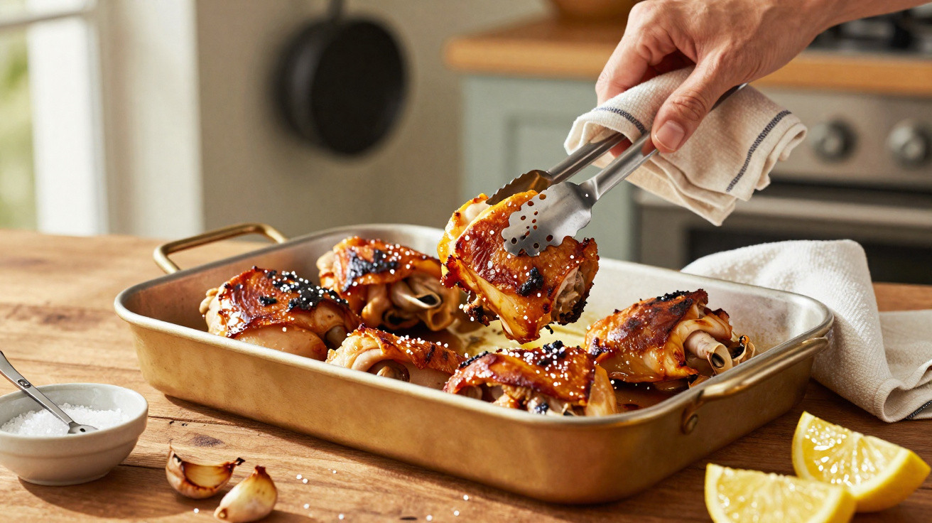 Coxas de frango assadas numa travessa, sendo levantadas com pinças na cozinha.