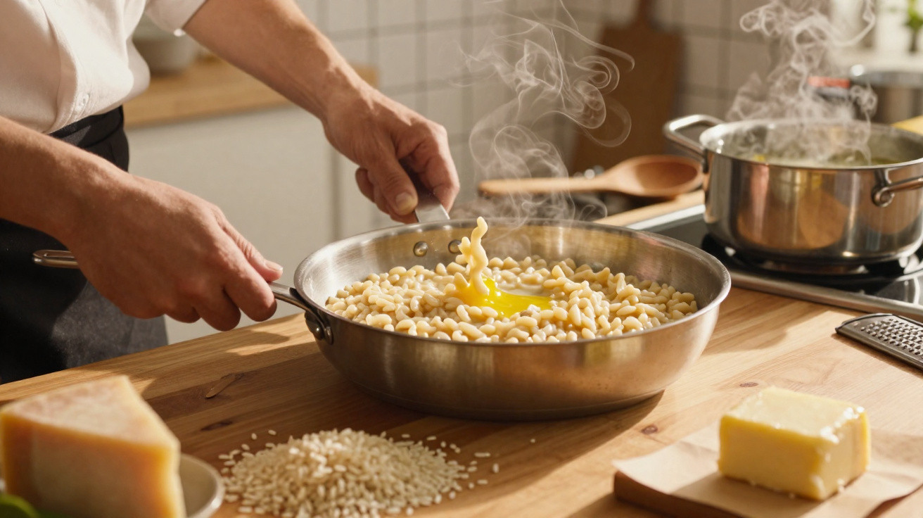 Pessoa a cozinhar risoto com mistura de ingredientes numa frigideira em bancada de madeira.