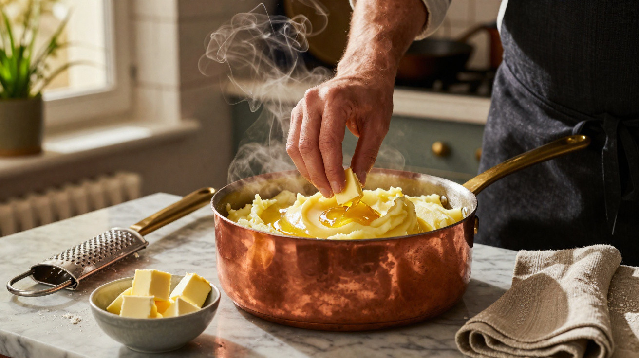 Mão a colocar uma fatia de manteiga em puré de batata fumegante numa panela de cobre numa cozinha.