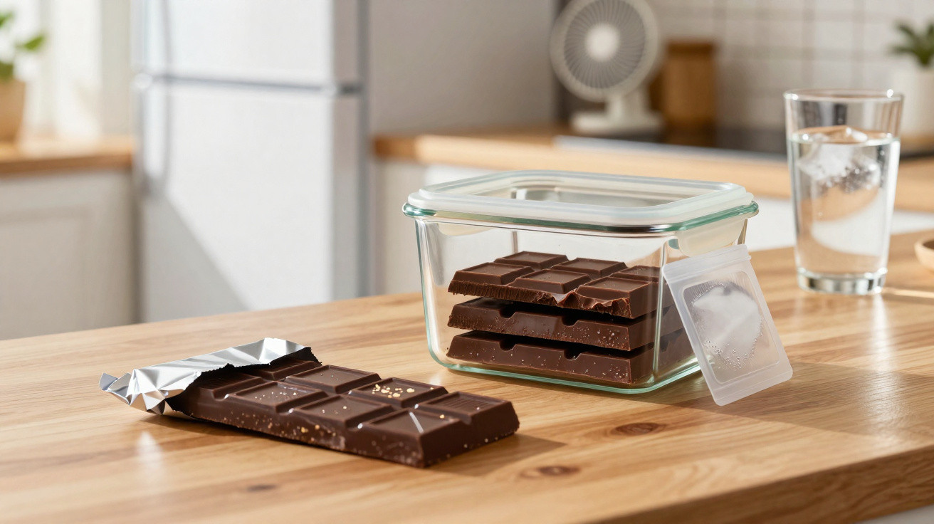 Barras de chocolate, uma dentro de embalagem metálica e outras guardadas num recipiente de vidro numa cozinha.