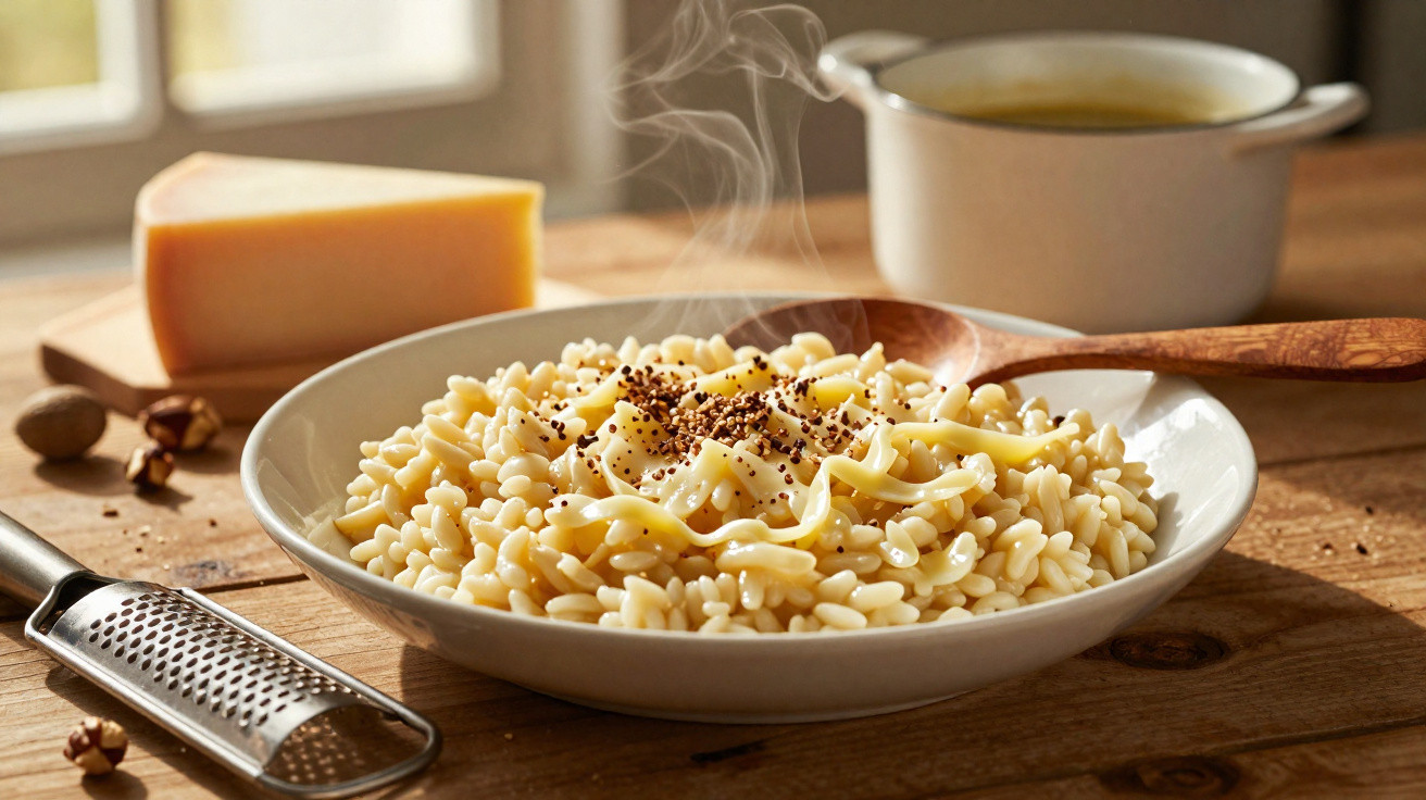 Prato fumegante de massa tipo fregula com queijo ralado e tempero preto, numa mesa de madeira rústica.