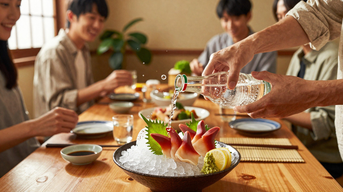 Pessoa a servir bebida num jantar com sashimi servido sobre gelo numa mesa com cinco pessoas.