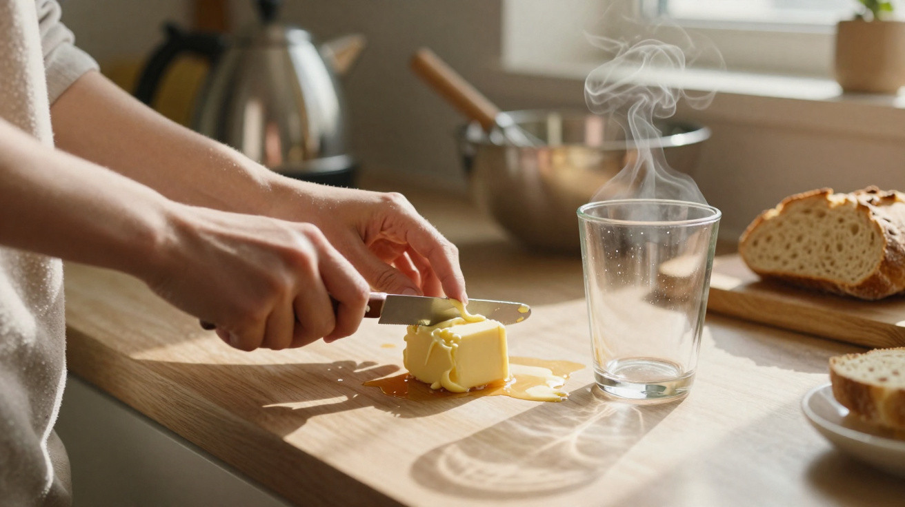 Pessoa a cortar manteiga numa cozinha com chávena de chá a fumegar e pão fresco ao fundo.