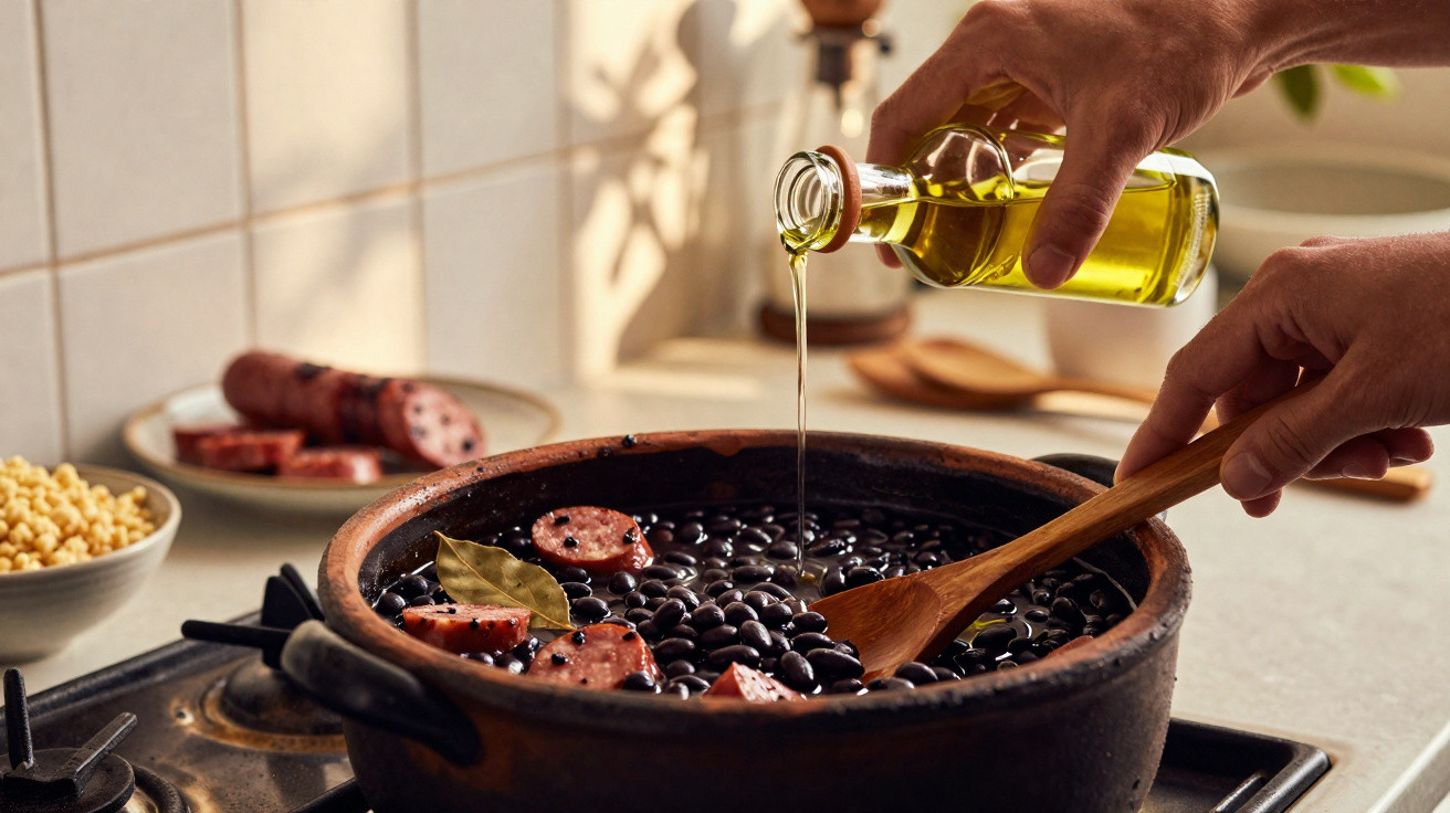 Mãos a deitar azeite numa panela de barro com feijão preto e chouriço a cozinhar num fogão.
