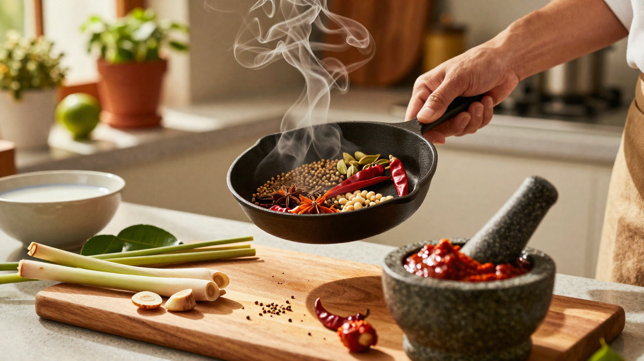 Mão a tostar especiarias numa frigideira fumegante em cozinha com ervas e almofariz à frente.