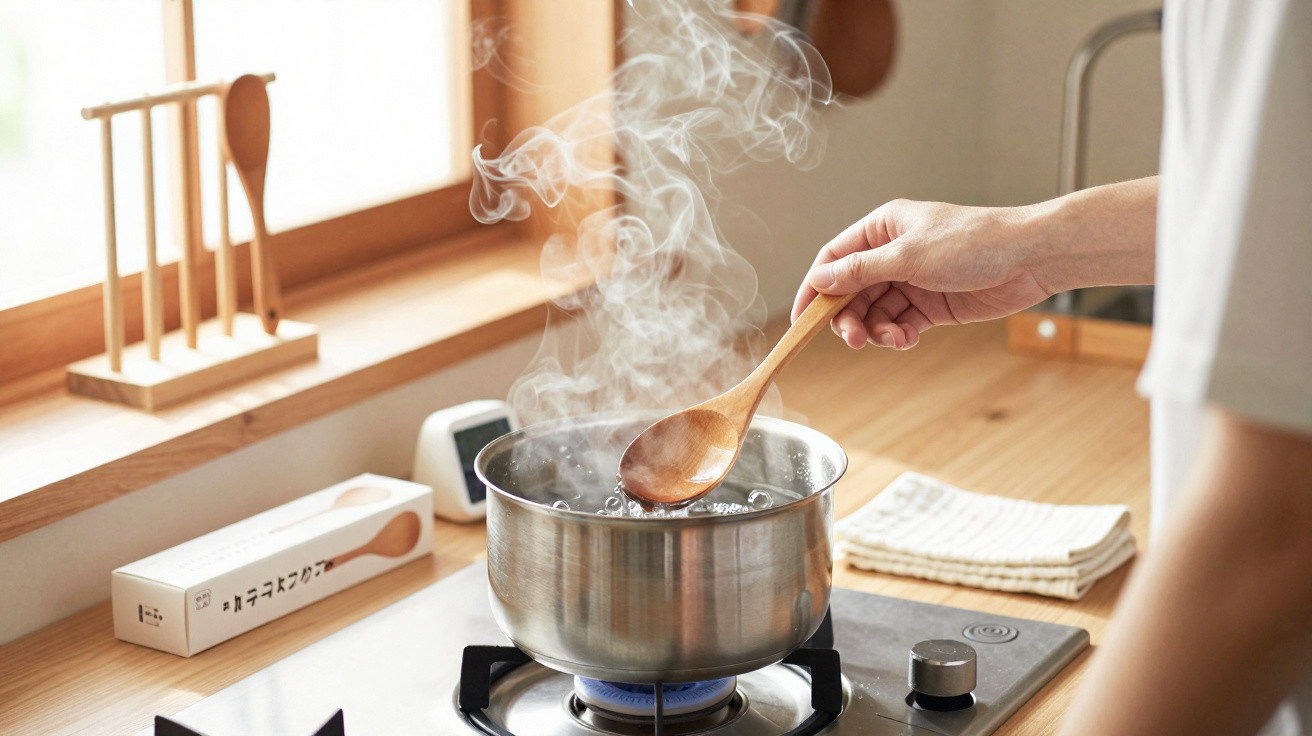 Pessoa a mexer água a ferver numa panela de inox num fogão de cozinha com utensílios de madeira.