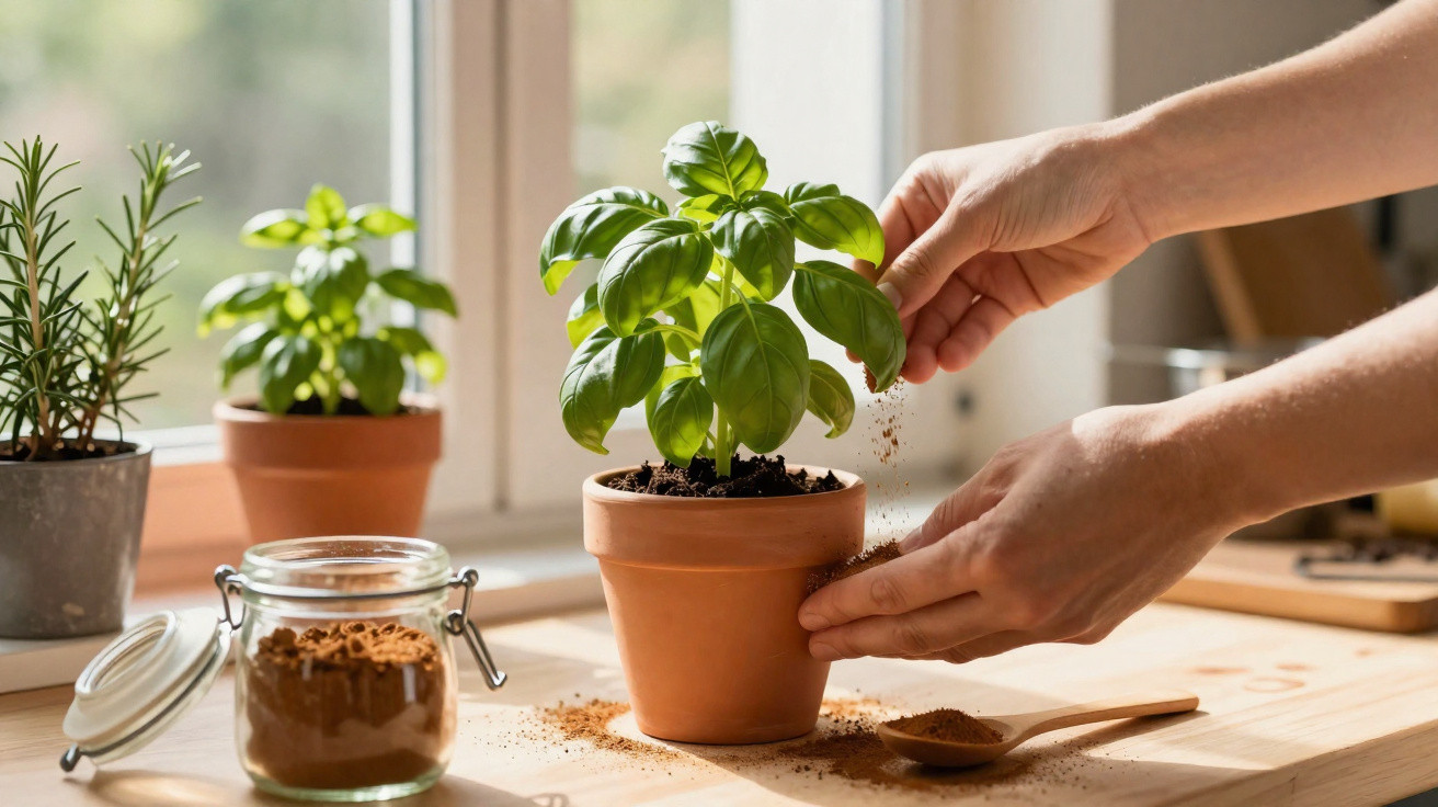 Mãos a adicionar terra a planta de manjericão em vaso terracota numa janela com luz natural.