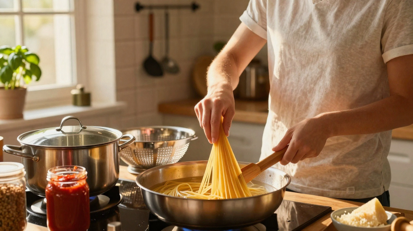 Pessoa a cozinhar esparguete numa frigideira numa cozinha bem iluminada com diversos utensílios e ingredientes.