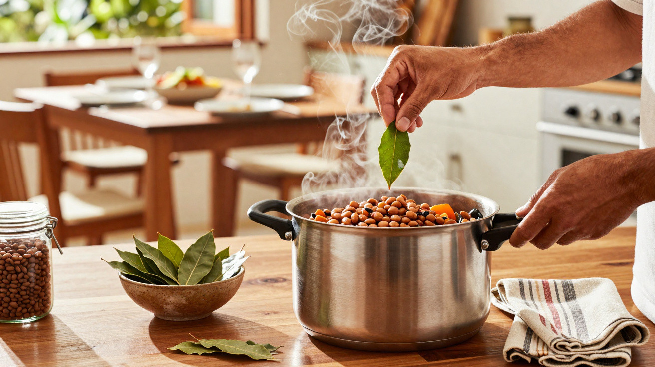Mãos a colocar uma folha de louro numa panela de sopa fumegante com feijão numa cozinha acolhedora.