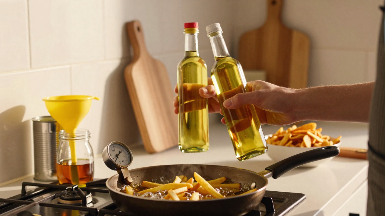 Mãos seguram garrafas de azeite sobre frigideira com batatas fritas a cozinhar no fogão.