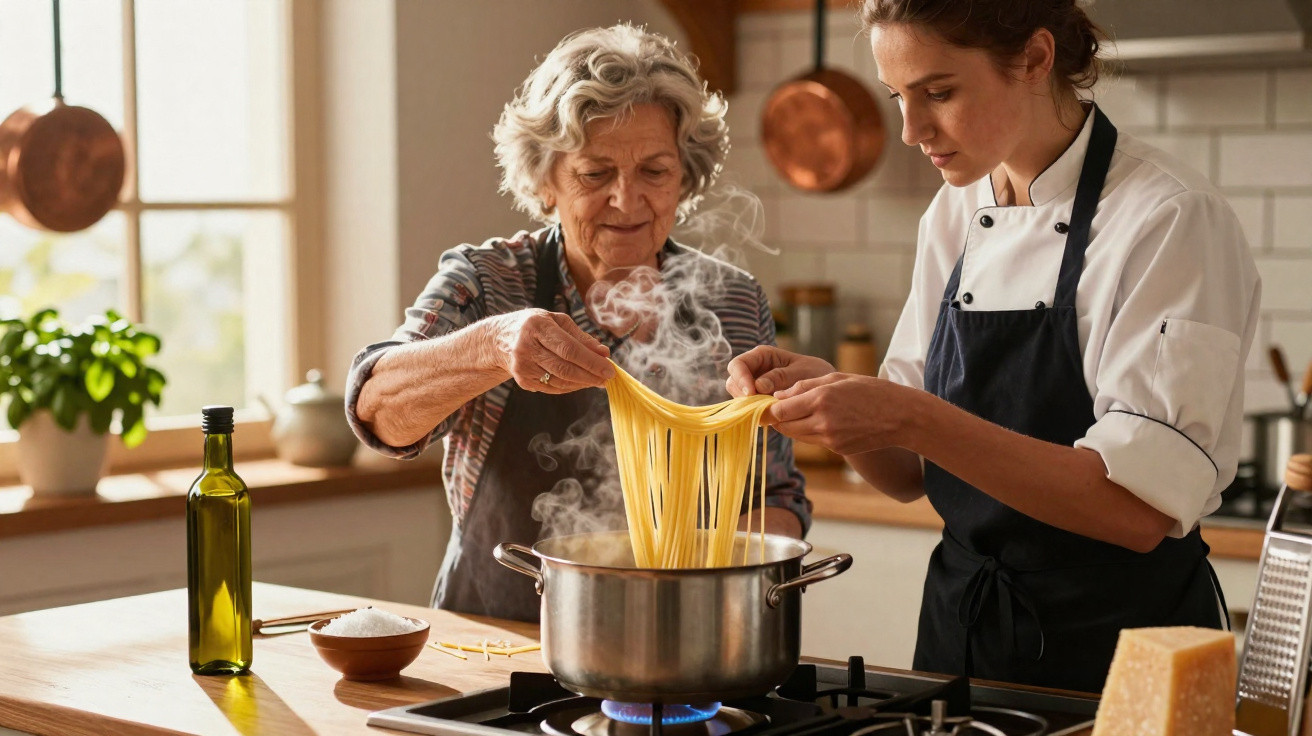 Duas mulheres a cozer massa num tacho com vapor numa cozinha doméstica iluminada.