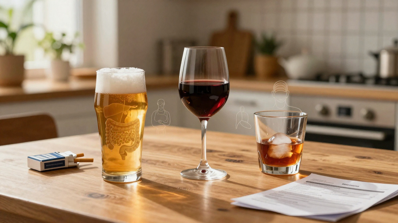 Mesa de madeira com três copos de bebida alcoólica, pacote de cigarros e papel com texto numa cozinha.
