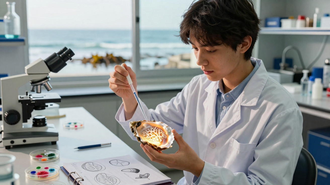Jovem cientista com bata branca analisa amostra marinha com conta-gotas num laboratório.