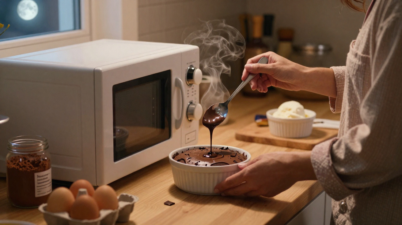 Pessoa a preparar sobremesa quente de chocolate num recipiente branco numa cozinha com micro-ondas e ovos.