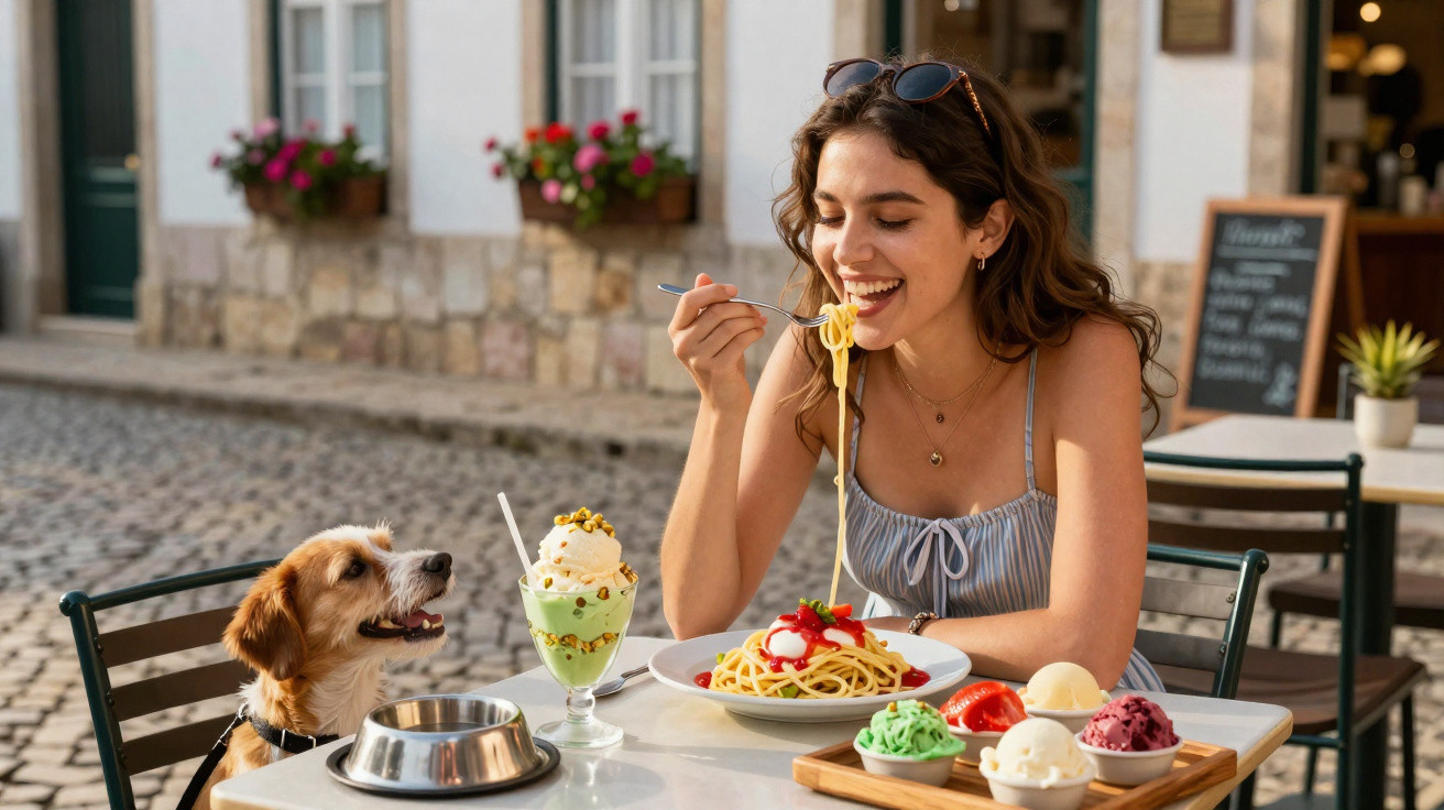 Mulher sorridente a comer espaguete numa esplanada, com cão sentado ao lado à espera de comida.