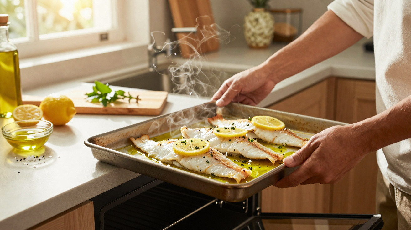 Pessoa a retirar tabuleiro com pescada cozinhada com limão e ervas do forno numa cozinha iluminada.
