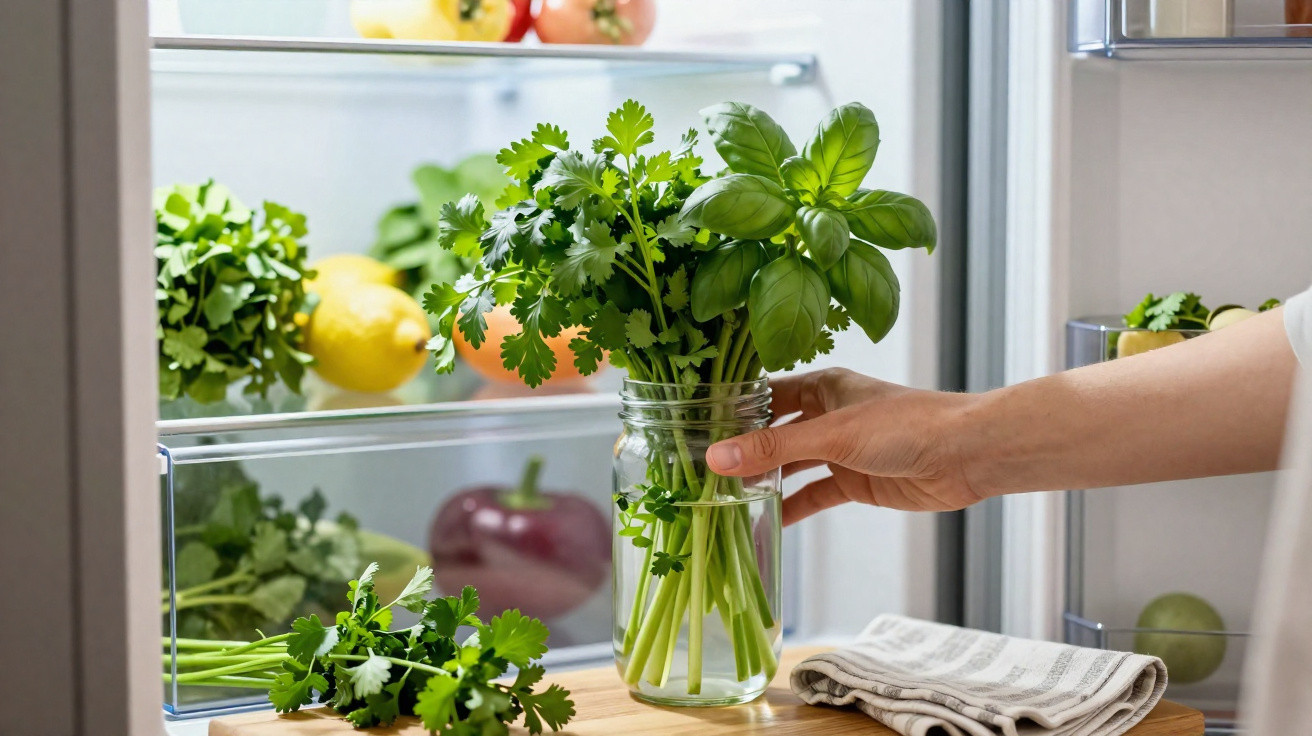 Mão colocando ramo de ervas frescas num frasco com água dentro de frigorífico aberto com legumes à vista.