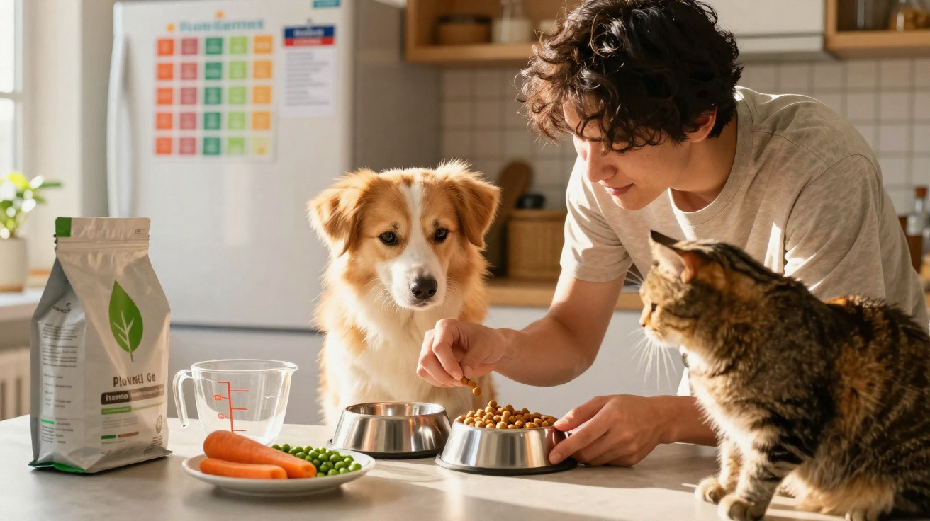 Pessoa a servir comida para um cão e um gato na cozinha com legumes numa mesa.