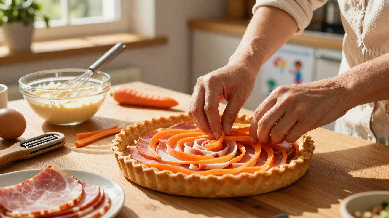 Mãos a decorar uma tarte com fatias finas de cenoura, presunto e base de massa, num ambiente de cozinha iluminado.
