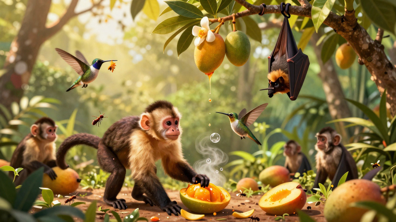 Macacos e beija-flores ao redor de frutos tropicais caídos numa floresta iluminada pelo sol.