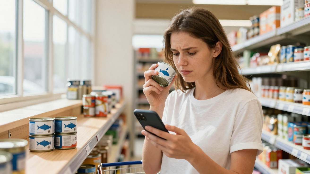 Mulher no supermercado compara lata de peixe enlatado enquanto consulta telemóvel com expressão preocupada.
