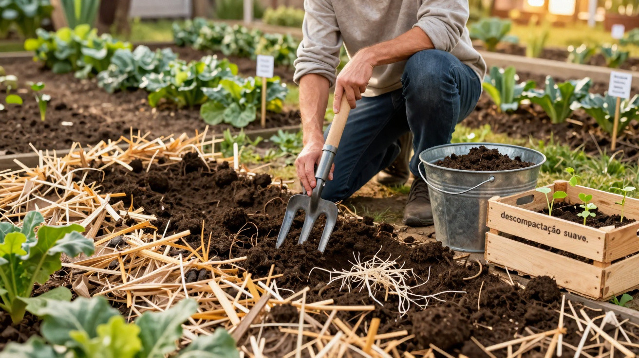 Pessoa a cultivar um canteiro de terra fértil numa horta com ferramentas de jardinagem e plantas novas.