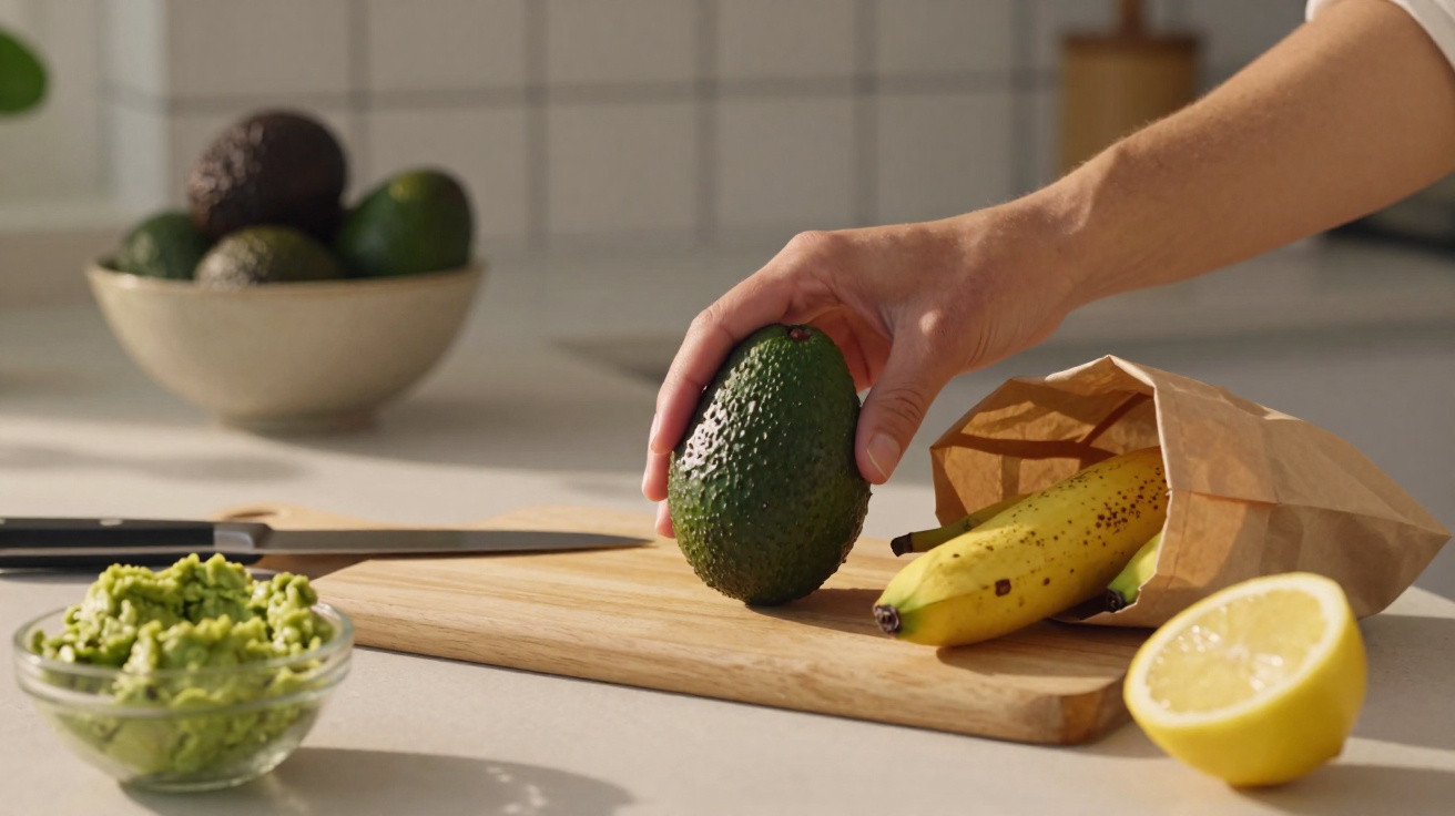 Mão a segurar abacate sobre tábua de cortar com banana e limão, perto de tigela com puré de abacate.