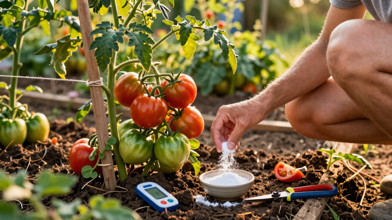 Pessoa a aplicar pó branco junto a pés de tomateiros com tomates verdes e maduros no jardim.